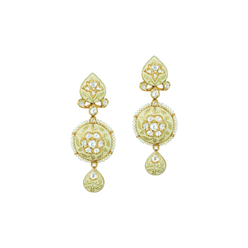 Ivory-Mint Enamel Earrings with Polkis and Pearls
